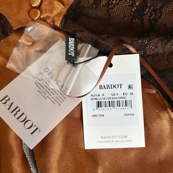NWT Bardot Estrella Halter Maxi Dress US4 Toffee Lace Holiday Party Cocktail - Picture 5 of 6
